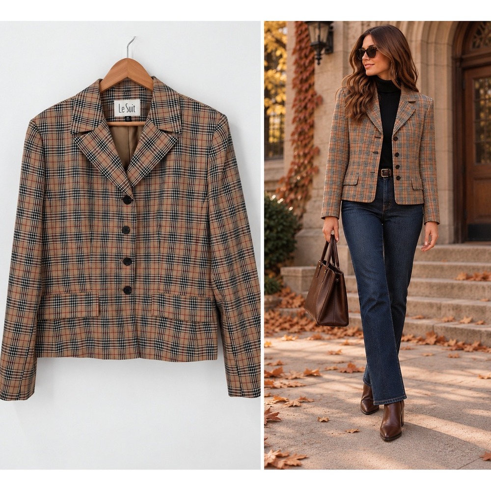 Le Suit Tan Plaid 4-Button Blazer Jacket Womens SZ 16 Preppy Academia Old Money